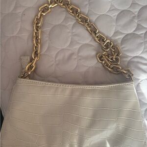 Zara Cream Croc-Embossed Clutch with Gold Chain